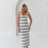 Madi V-Neck Sweater Midi Dress - Ivory-Black