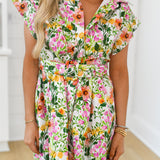 Sally Floral Print Belted Dress - White Multi