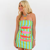 Anabelle Fish Strapless Mini Dress - Lime/Turquoise Stripes