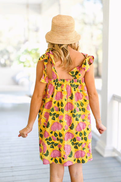 Low Country Summer Mini Tie Dress - Yellow/Pink Flowers