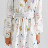 Selah Long Sleeve Floral Print Lace Trim Mini Dress - White Multi Color Floral