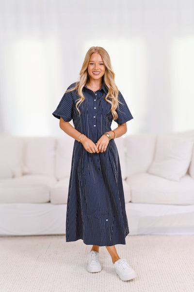 Gentry Button Striped Midi Dress - Navy