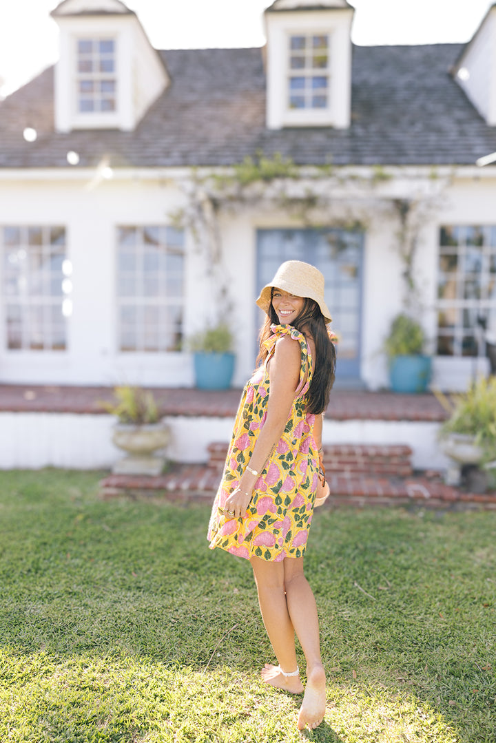Low Country Summer Mini Tie Dress - Yellow/Pink Flowers