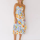 Ellie Shoulder Tie Midi Dress - Cream/Multi
