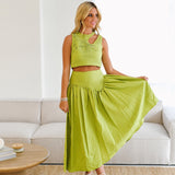 Ashley Cut Out Top and Midi Skirt Set-Green