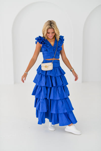 Kailey Ruffle Top and Midi Skirt Set-Blue