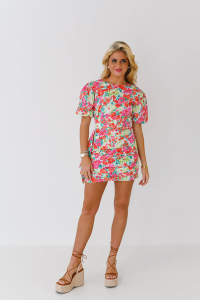 Shelby Ruched Puff Sleeve Floral Mini Dress - Pink Multi