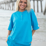 Fancy Half Button Short Sleeve Terry Top