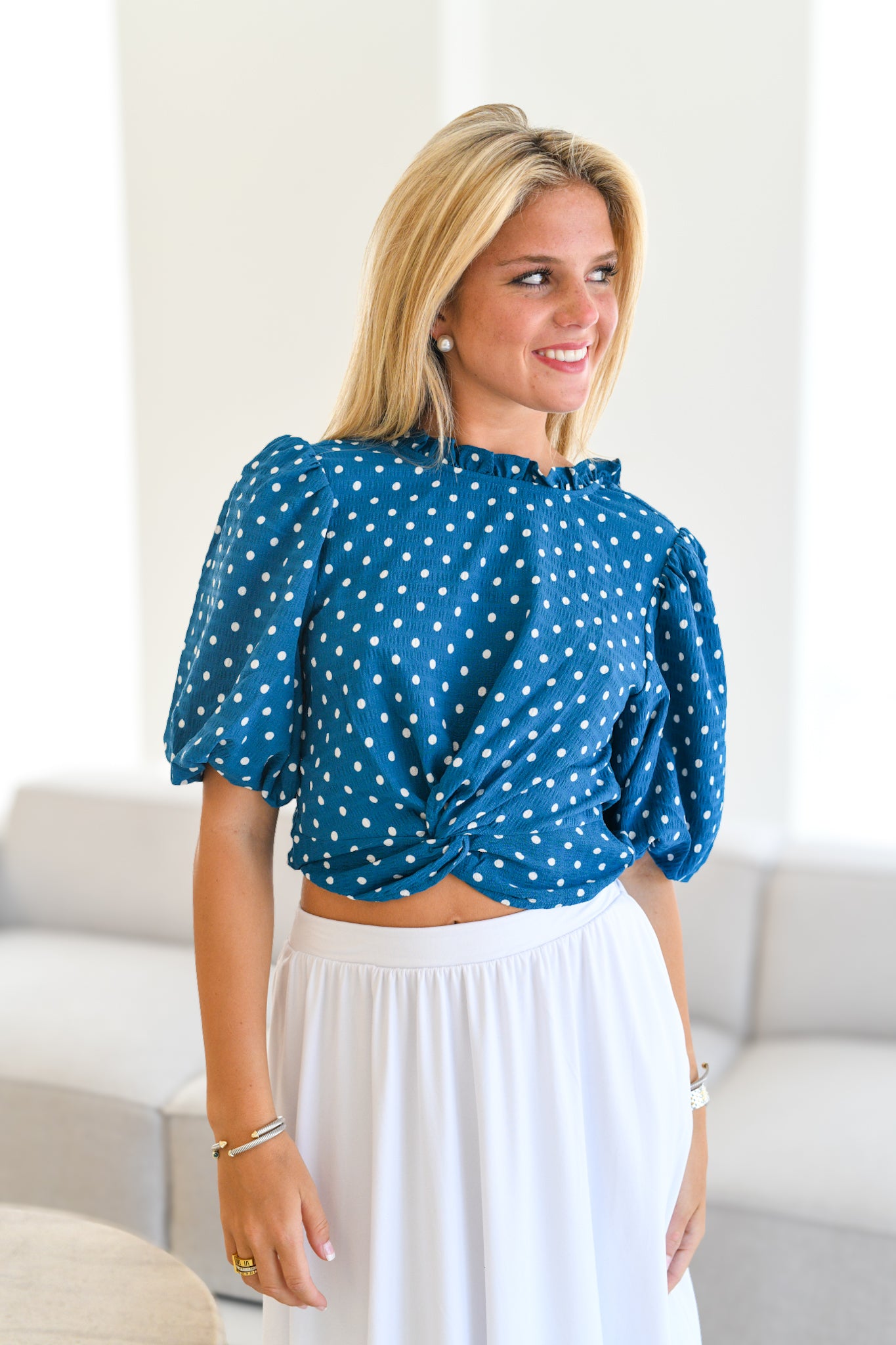 Grace Polka Dot Puff Sleeve Top - Blue