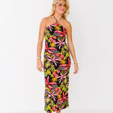 Victoria Halter Neck Maxi Dress - Black Multi Tropical