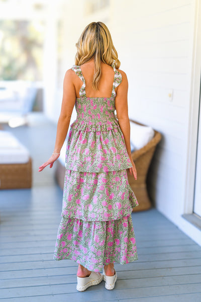 Ezrie Floral Ruffle Tier Maxi Dress  - Green/Pink