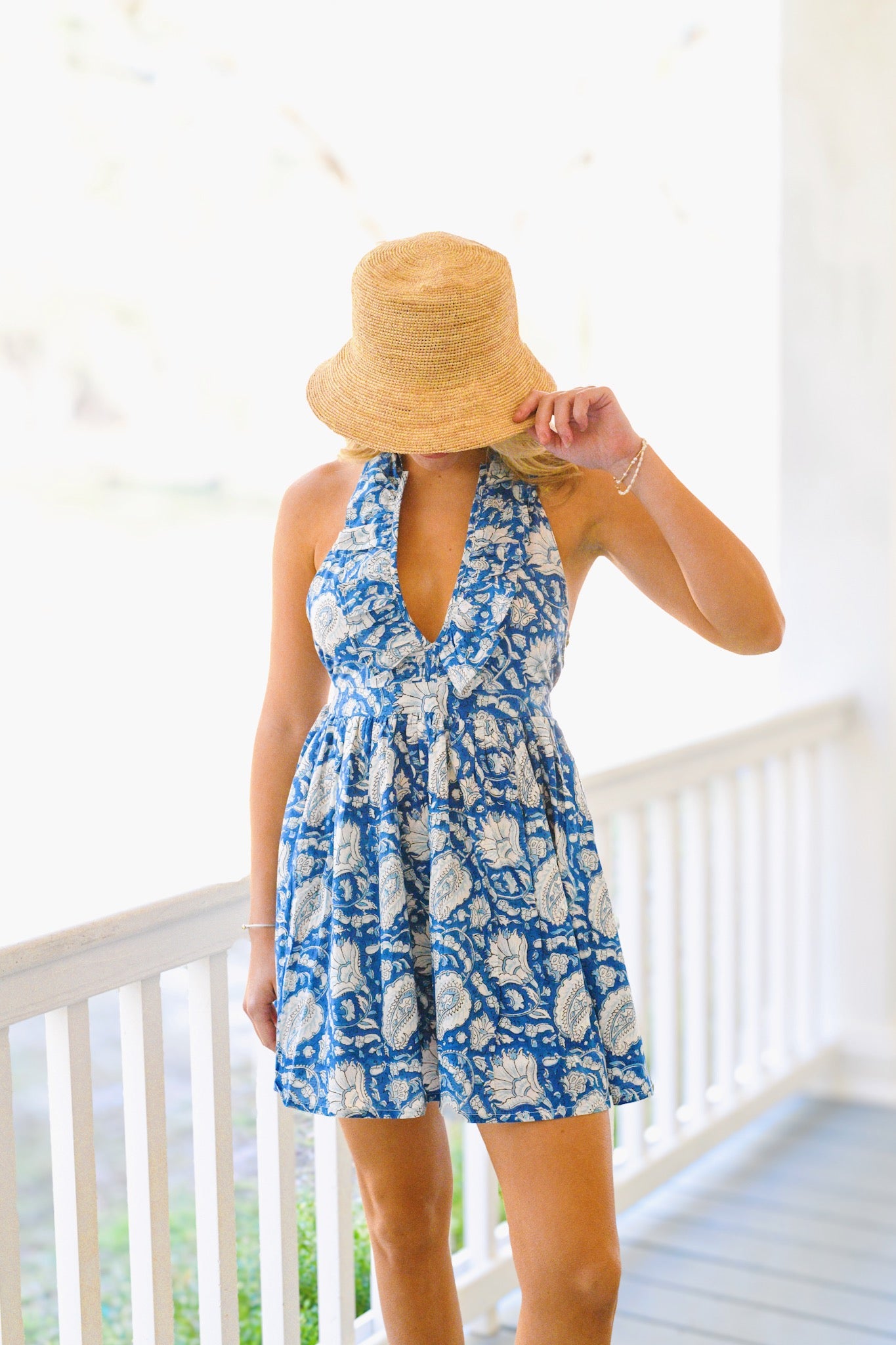 Addelyn Frill Halter Mini Dress - Blue/White