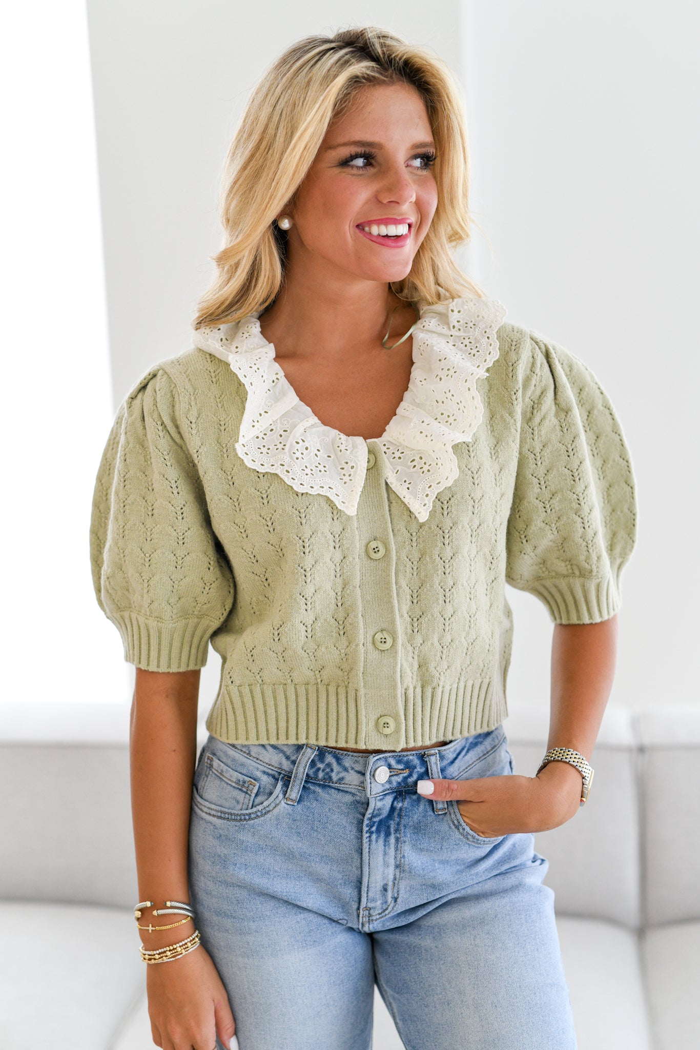 Mel Lace Collar Cardigan Top - Dusty Sage