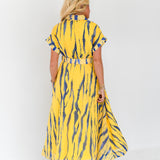 Emme Zebra Print Belted Midi Dress - Yellow/Blue Multi