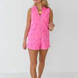 Emma Heart Embroidered Denim Romper - Pink/Red