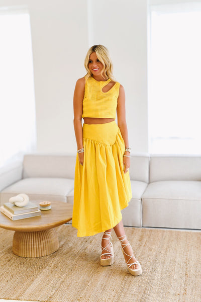 Ashley Cut Out Top and Midi Skirt Set-Yellow