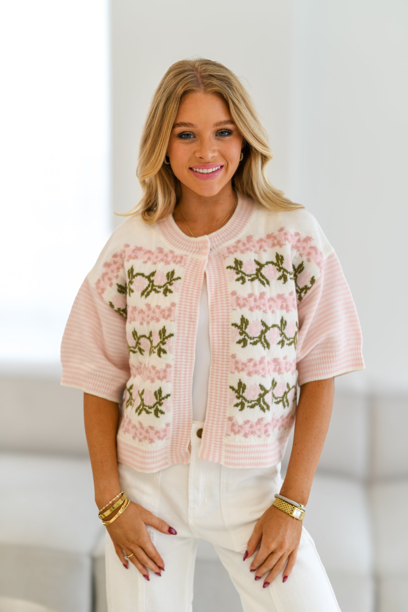 Karlie Half Cardigan Top - Pink Floral