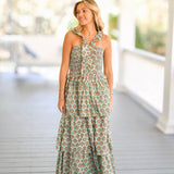 Sylvia Ruffled Maxi Dress - Teal Floral