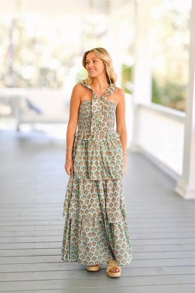 Sylvia Ruffled Maxi Dress - Teal Floral