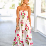 Kaylee Smocked Maxi Dress - White/Pink Floral