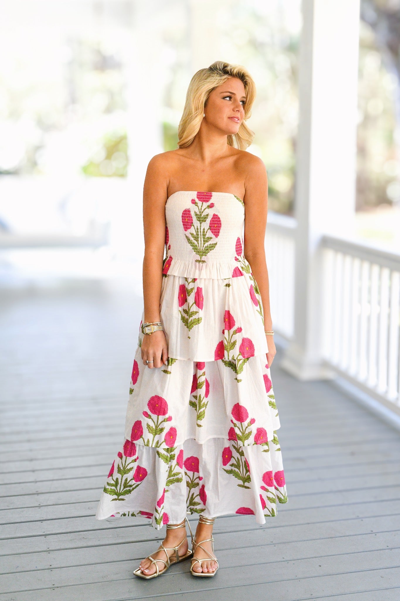 Kaylee Smocked Maxi Dress - White/Pink Floral