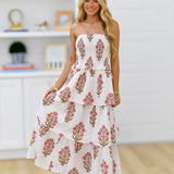 Veronica Floral Strapless Maxi Dress  - White/Red Blockprint