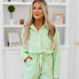 Rae Belted Romper - Apple Green Pinstripe