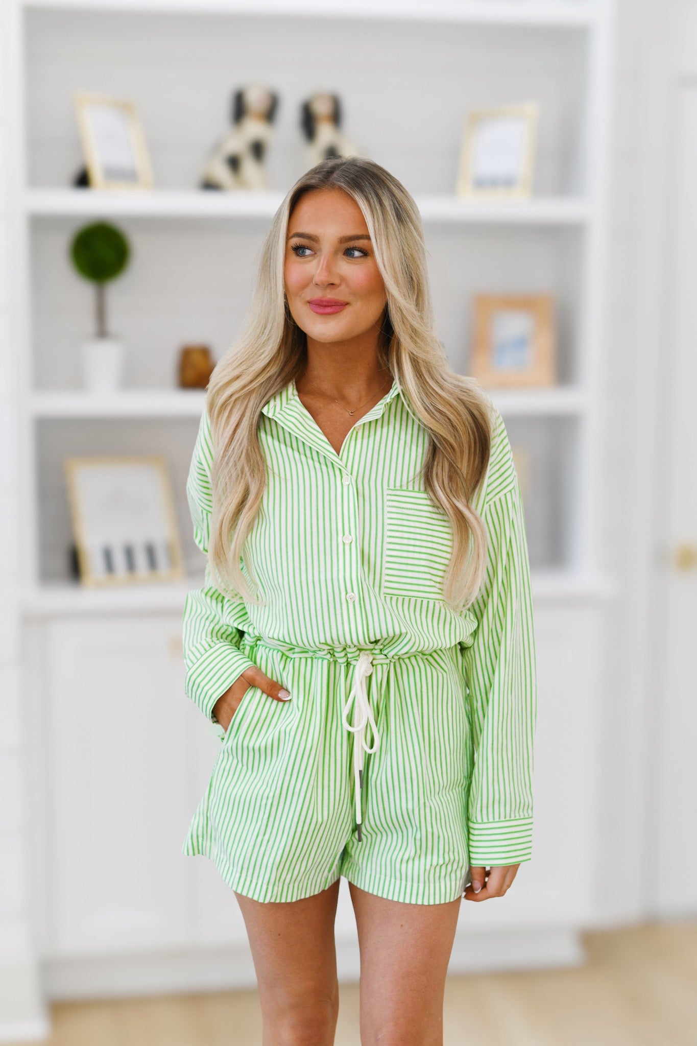 Rae Belted Romper - Apple Green Pinstripe