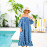 Brit Strapless Bubble Sleeve Maxi Dress - Blue Gingham