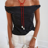 Katy Twisted Detail Stripe Knit Top - Black/Cream Stripe