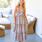 Ezrie Floral Ruffle Tier Maxi Dress  - Green/Pink