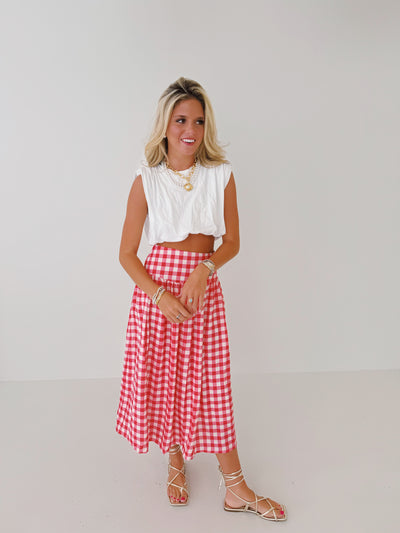 Sara Gingham Midi Skirt-Red