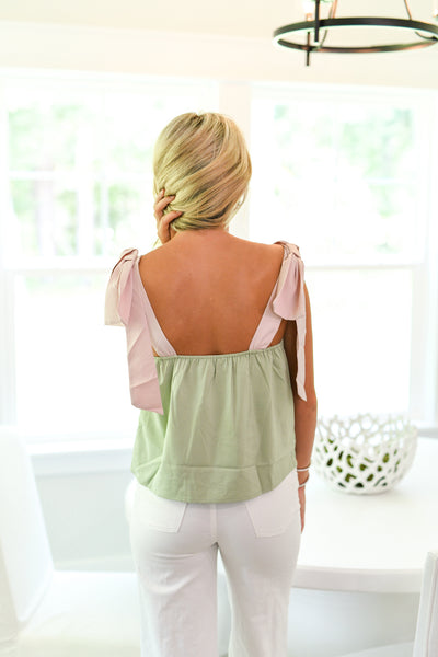 Camila Contrast Shoulder Tie Top-Sage/Pink