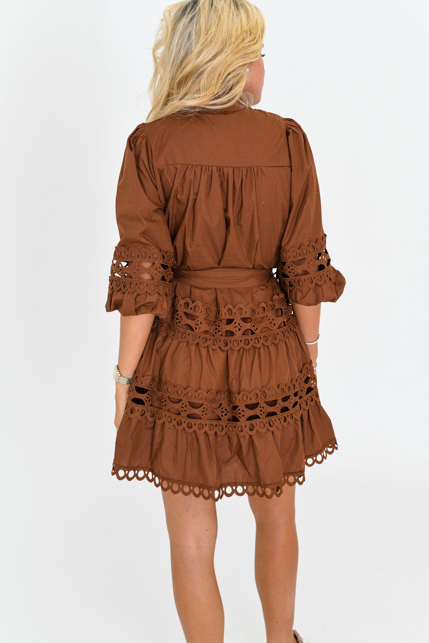 Becca Eyelet Tie Mini Dress - Brown