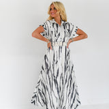 Avery Zebra Print Belted Midi Dress - White/Black