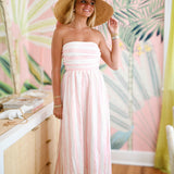 Pink Palm Stripe Strapless Maxi Dress - Ivory/Pink