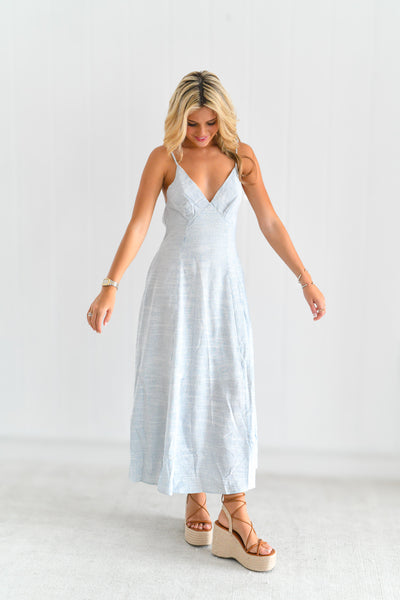 Kasey Pinstripe Linen Maxi Dress - Blue