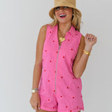 Emma Heart Embroidered Denim Romper - Pink/Red