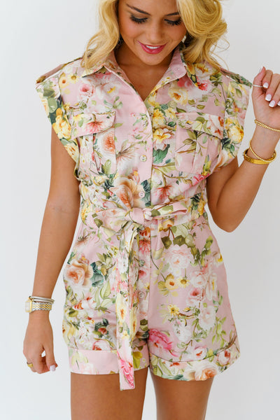 Erin Floral Button Down Romper - Powder Pink Flower