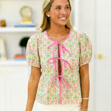 Dorie Front Tie Puff Sleeve Top - Pink Multi