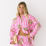 Pink Palm Striped Button Boxer Set - Pink/White