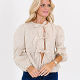 Marlena Tie Front Blouse - Beige/Brown Striped
