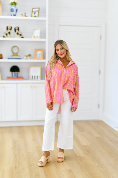 Izzy Button Down Top -  Pink/Orange Thick Striped