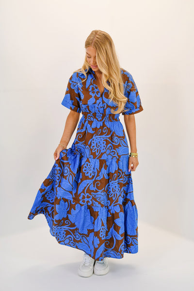 Ofelia Floral Apres Tiered Maxi Dress - Brown/Blue