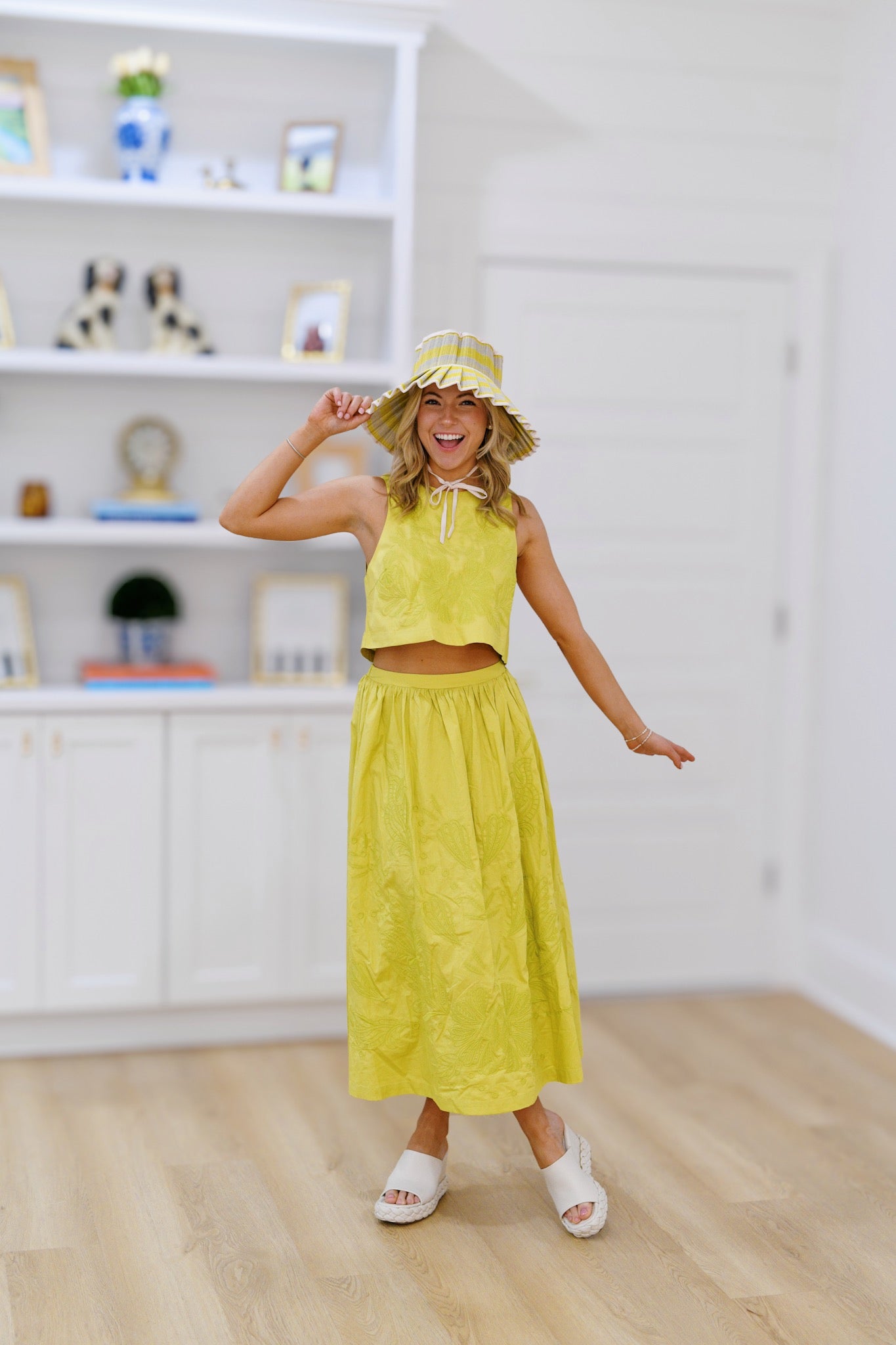 Rosemary Embroidered Top and Midi Skirt Set - Lime