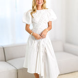 Viviane Cotton Short Puff Sleeve Drawstring Midi Dress - White