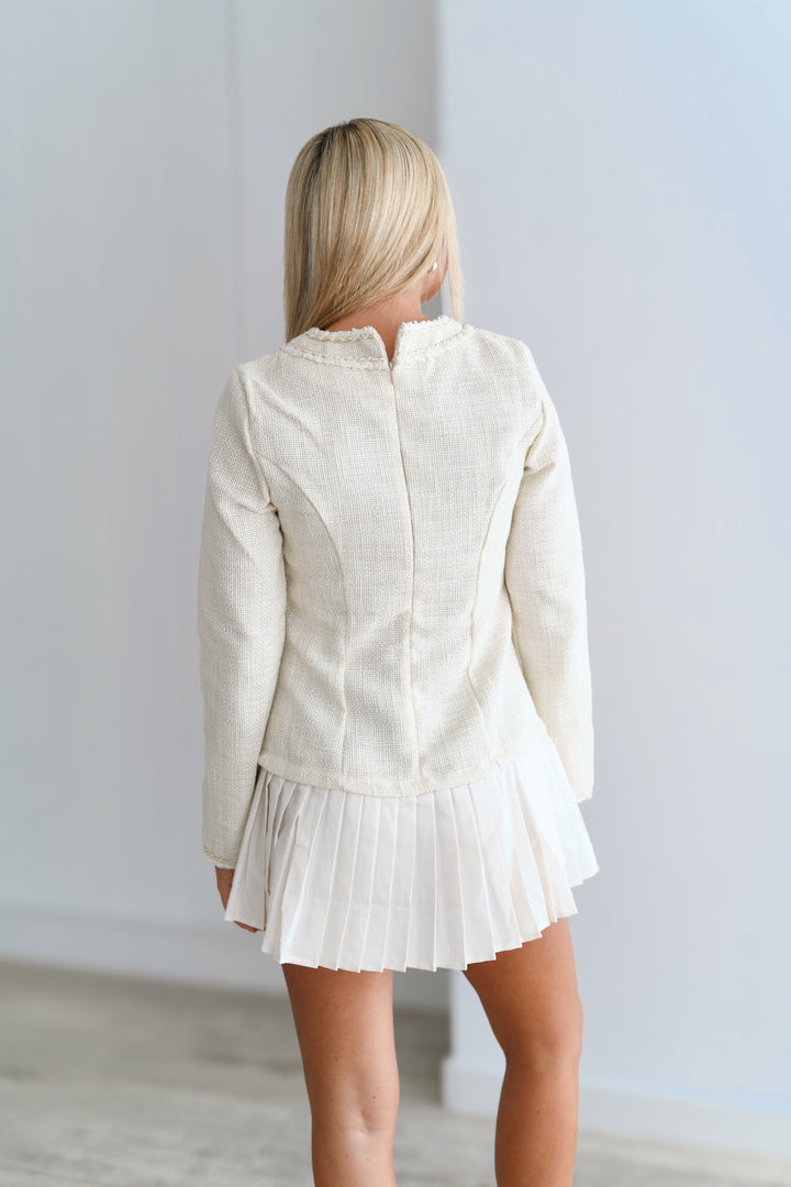 Ashley Tweed Pleated Dress-Ivory
