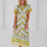 Lindsey Floral Puff Sleeve Midi Dress - Yellow/White