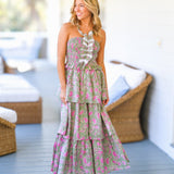 Ezrie Floral Ruffle Tier Maxi Dress  - Green/Pink