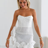 Ashley Strapless Mini Rufle Dress-White